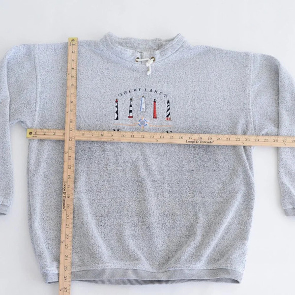 VTG 90S Gray Embroidered Great Lakes Mi Nautical  Light Towers Pull Over Sweater - Picture 2 of 9